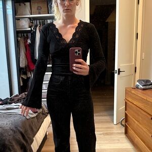 Elegant Black Lace Trim Bell Sleeve Top